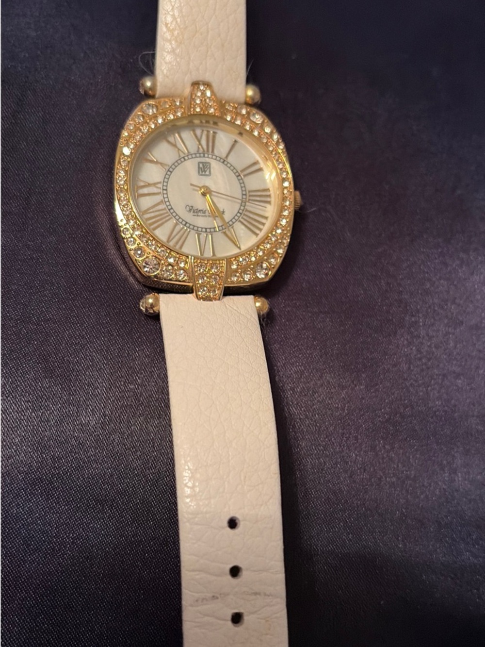Victoria Wieke Women's Gold-Tone Crystal Accent Watch with Cream Leather Strap